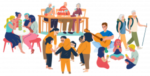 Groupe multigénérationnel de personnes en cours d'activités de jeux, musique, randonnée, etc.