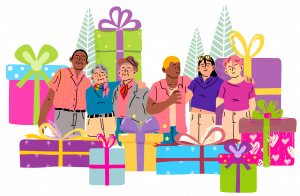 Groupe multigénérationnel de personnes entourées de paquets cadeaux