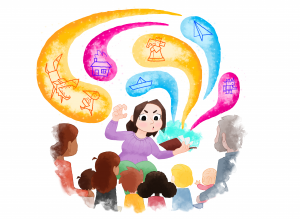 Animation conte devant un groupe d'enfants