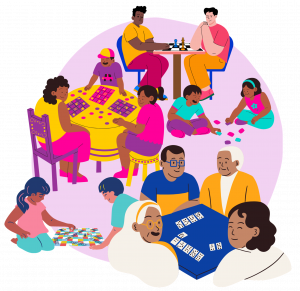 Illustration d'un groupe des personnes de tout âge qui jouent à divers jeux de société
